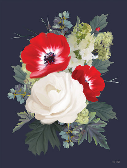 House Fenway FEN1231 - FEN1231 - Navy Flower Fete II - 12x16 floral bouquet, red anemone flowers, white rose, green hydrangea, navy background, lush greenery, dramatic floral arrangement, painterly brushwork, romantic bouquet, botanical wall art, elegant still life from Penny Lane