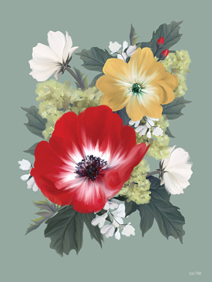 House Fenway FEN1232 - FEN1232 - Sage Flower Fete I - 12x16 floral bouquet, red anemone, yellow flower, white blossoms, green hydrangea, mint green background, spring florals, bright cheerful palette, painterly botanical art, soft modern decor, feminine floral arrangement from Penny Lane