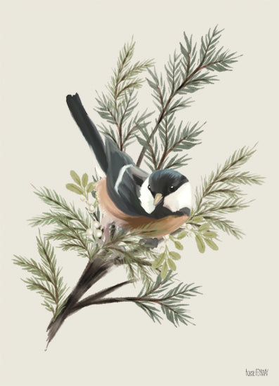 House Fenway FEN1249 - FEN1249 - Christmas Chickadee  - 12x16 bird illustration, chickadee, small songbird, pine branches, evergreen greenery, winter bird, woodland nature, soft painterly style, neutral background, wildlife art, rustic botanical, cozy cottage decor from Penny Lane
