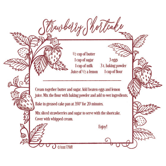 House Fenway FEN1299 - FEN1299 - Strawberry Shortcake Recipe - 12x12 strawberry shortcake recipe, vintage recipe card, hand-lettered script title, strawberries illustration, strawberry vines, leaves, botanical border, red ink, monochrome burgundy, kitchen decor, baking, dessert, retro typography, farmhouse style, nostalgic, printable wall art, recipe print from Penny Lane