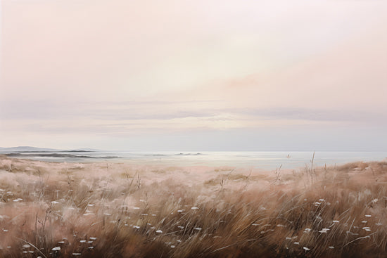 Heidi Kuntz HK198 - HK198 - Evening View   - 18x12 serene coastal landscape, pastel sky, wild grasses, soft flowers, sea horizon, sunset glow, nature scenery, painterly style from Penny Lane