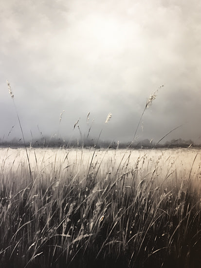 Heidi Kuntz HK204 - HK204 - Fieldscape   - 12x16 tall meadow grasses, stormy sky, painterly strokes, muted color palette, moody countryside, wind swept field from Penny Lane