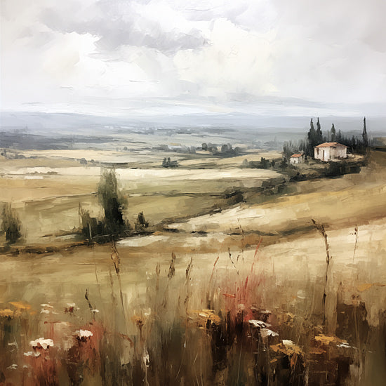 Heidi Kuntz HK215 - HK215 - Italian Mountainside   - 12x12 rolling hills, Tuscan countryside, farmhouse, distant trees, floral meadow, horizon, open fields, bright sky, painterly strokes from Penny Lane