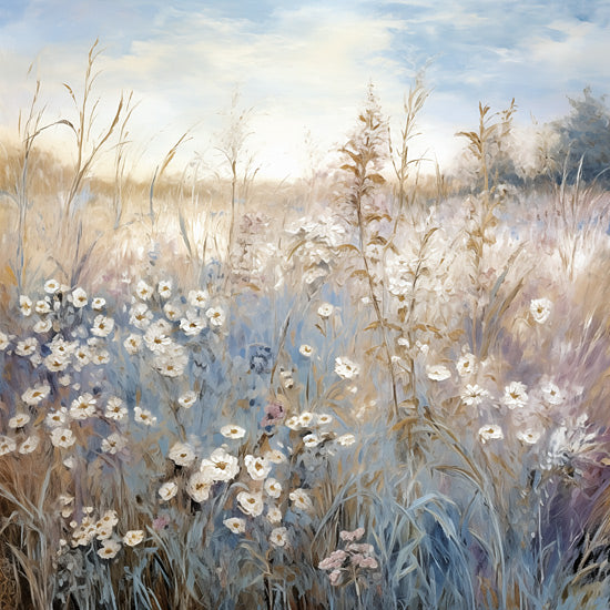 Heidi Kuntz HK227 - HK227 - Muted Field   - 12x12 pastel flowers, soft meadow, dreamy tones, blue grasses, white blossoms, delicate brushwork, whimsical floral painting, peaceful field from Penny Lane