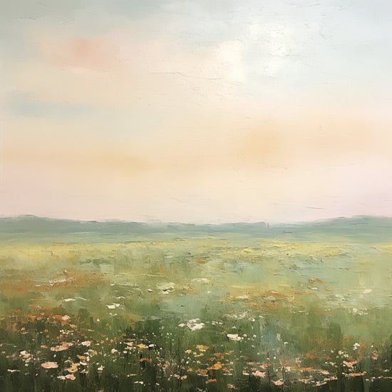 Heidi Kuntz HK233 - HK233 - Bright Meadow   - 12x12 pastel meadow, wildflowers field, sunrise sky, airy gradient background, soft horizon, tranquil atmosphere, impressionistic field, dreamy spring colors, minimal landscape, gentle texture from Penny Lane