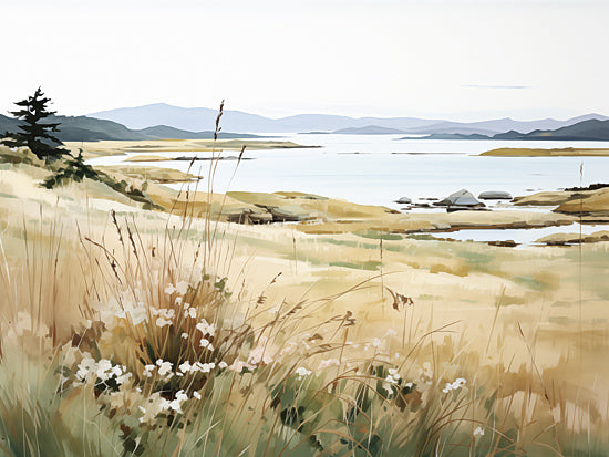 Heidi Kuntz HK236 - HK236 - Lake Overlook   - 16x12 coastal shoreline, sea grass dunes, calm bay, rocky shallows, distant mountains, muted neutral palette, contemporary coastal art, tranquil water, open sky, painterly shapes from Penny Lane