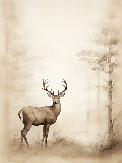 Heidi Kuntz HK240 - HK240 - Vintage Deer   - 12x16 white-tailed deer stag, antlers, sepia forest, misty woods, vintage wash, solitary wildlife, woodland meadow, natural habitat, quiet atmosphere, rustic aesthetic from Penny Lane