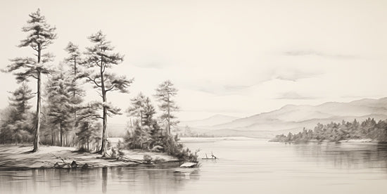 Heidi Kuntz HK241 - HK241 - Antique River Sketch   - 18x9 graphite lake scene, pine trees shoreline, mountain reflections, panoramic wilderness, mist over water, hand-drawn sketch, rustic lodge vibe, monochrome tones, serene landscape, tranquil waters from Penny Lane