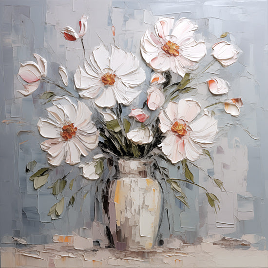 Heidi Kuntz HK247 - HK247 - Summer Whites   - 12x12 impasto vase of flowers, palette knife texture, white and pink cosmos, teal blue background, thick paint strokes, modern floral still life, textured canvas, bright cheerful bouquet, contemporary painterly, gallery wall art from Penny Lane