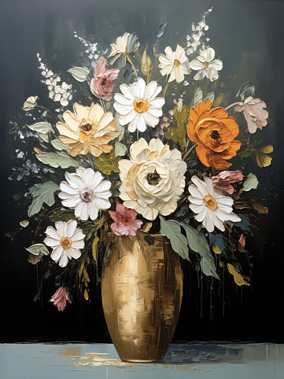 Heidi Kuntz HK250 - HK250 - Golden Blooms   - 12x16 floral bouquet, vase with flowers, white daisies, orange poppy, still life painting, decorative art, classic floral composition from Penny Lane