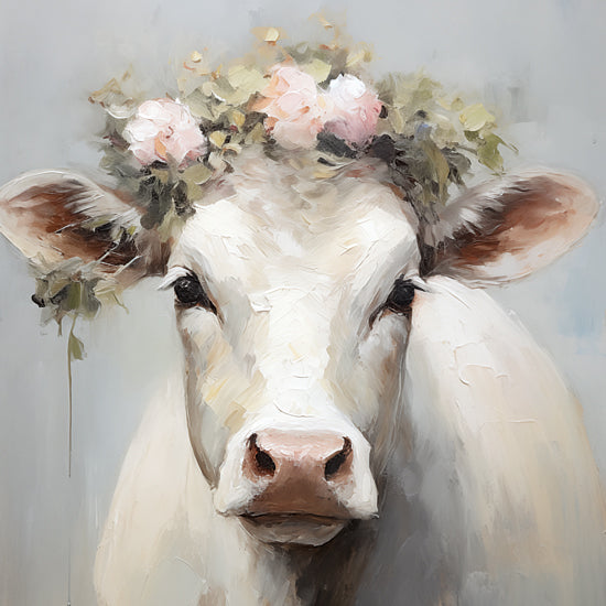Heidi Kuntz HK257 - HK257 - Pretty Pearl   - 12x12 cow portrait, farm animal, floral crown, rustic farmhouse art, animal painting, country decor from Penny Lane