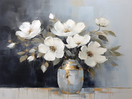 Heidi Kuntz HK280 - HK280 - A Touch of Gold    - 16x12 floral bouquet, white flowers in vase, elegant still life, blue background, painterly contemporary floral from Penny Lane