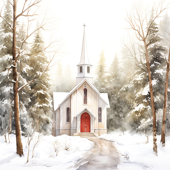 Heidi Kuntz HK302 - HK302 - To the Chapel - 12x12 church with red door, snowy path, pine forest, winter chapel, stained glass windows, frosty trees, holiday season from Penny Lane