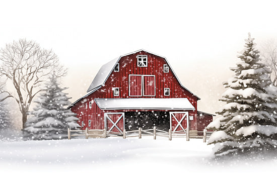 Heidi Kuntz HK303 - HK303 - Sleeping Valley Farm  - 12x12 holidays & seasonal, landscape, botanical, winter, christmas, country, trees, rural, barn, snow, pine tree, red barn, whimsical, decorative, digital painting, red from Penny Lane