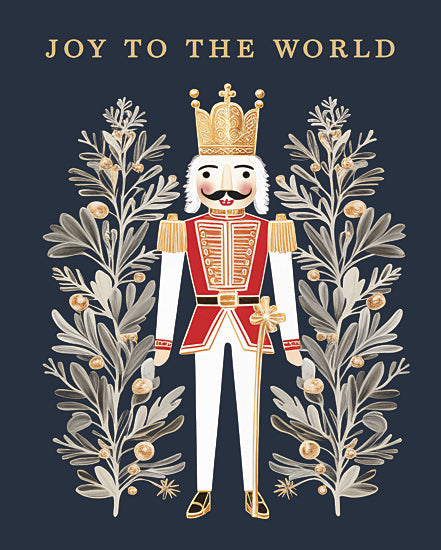 Heidi Kuntz HK310 - HK310 - Joy to the World Nutcracker  - 12x16 nutcracker, joy to the world text, red and white uniform, golden crown, festive greenery, holiday decoration, dark blue background from Penny Lane