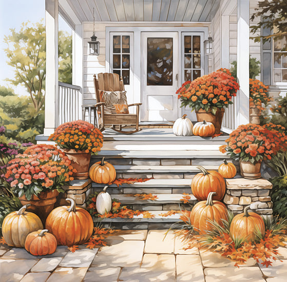 Heidi Kuntz HK329 - HK329 -  Fall Front Porch   - 12x12 front porch decorated for fall, orange mums, pumpkins on steps, rocking chair, white farmhouse entry, autumn leaves, harvest porch decor, welcoming seasonal home, potted flowers, cozy country exterior from Penny Lane