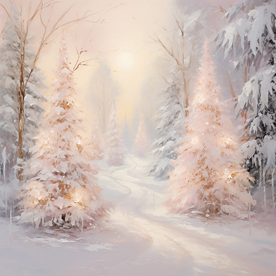 Heidi Kuntz HK396 - HK396 - Golden Hour in Winter    - 12x12 snowy forest path, glowing pink Christmas trees, magical winter wonderland, pastel sunset sky from Penny Lane