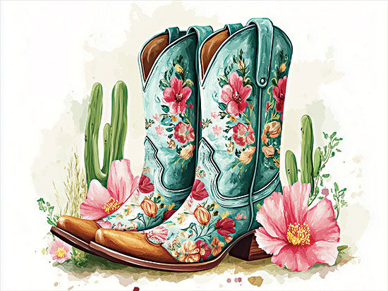 Heidi Kuntz HK424 - HK424 - Pink and Blue Floral Boots  - 16x12 turquoise floral boots, watercolor western art, bright cactus flowers, cowgirl fashion, illustrated boots, vivid western scene from Penny Lane