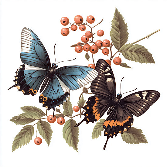 Heidi Kuntz HK486 - HK486 - Butterfly Dance   - 12x12 butterflies, butterfly illustration, botanical branch, orange berries, blue butterfly, black swallowtail, vintage nature study, entomology art, botanical print style, detailed wings, decorative insects, natural history aesthetic, garden theme, delicate leaves, cottagecore decor, whimsical nature art, vintage inspired illustration, fine line detail from Penny Lane