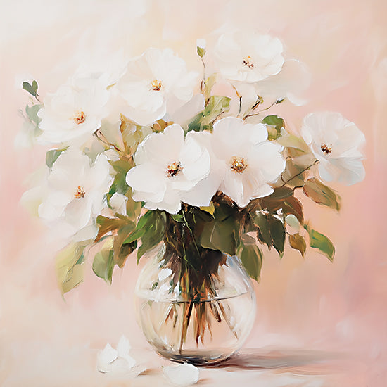 Heidi Kuntz HK498 - HK498 - From the Artist's Garden - 12x12 white flowers in vase, floral still life, blush pink background, soft petals, glass vase, romantic bouquet, feminine wall art, spring blossoms, delicate floral arrangement, airy painting, pastel decor, Mother’s Day gift art, elegant flowers, dreamy composition, cottage floral, painterly blooms, gentle light from Penny Lane