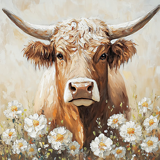 Heidi Kuntz HK508 - HK508 - Highland Blooms - 12x12 cow portrait, long horns, rustic farm animal, white flowers, meadow, warm tones, country farmhouse style, painterly brush strokes from Penny Lane