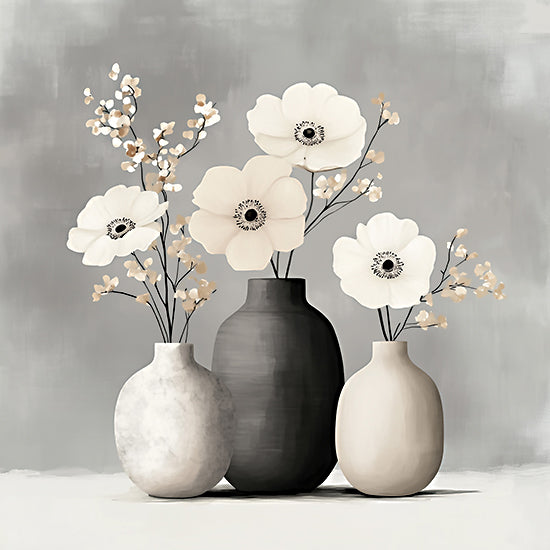 Heidi Kuntz HK521 - HK521 - Nature's Grace - 12x12 white flowers in vases, minimalist still life, neutral palette, modern farmhouse decor, soft background, botanical illustration from Penny Lane