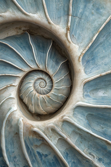 Heidi Kuntz HK534 - HK534 - The Sea's Secret 2  - 12x18 spiral seashell macro, nautilus shell cross section, soft coastal blues, natural texture and ridges, ocean decor, organic abstract pattern, serene neutral palette, close-up photography from Penny Lane