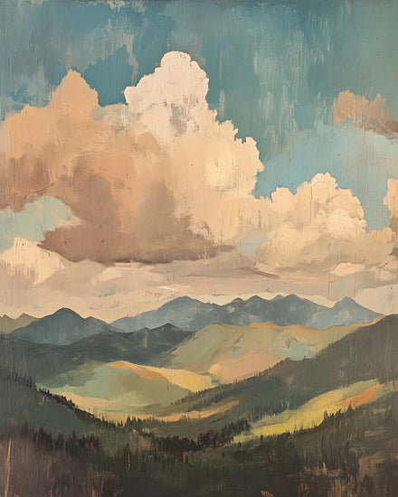 Heidi Kuntz HK546 - HK546 - Mountain Cloudscape - 12x16 painterly mountain landscape, rolling hills, dramatic cumulus clouds, teal blue sky, warm golden light, scenic vista, nature inspired wall art, brush stroke texture, contemporary landscape painting from Penny Lane