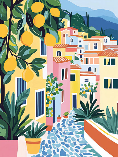 Heidi Kuntz HK569 - HK569 - Lemon Street II - 12x16 Mediterranean village, lemons, colorful buildings, sunny street scene, citrus branch, Italian coast style, coastal town illustration, pastel architecture, blue stone path, travel poster aesthetic, decorative fruit art, vibrant summer decor, potted greenery, European village, cheerful wall art, modern illustration, bright palette from Penny Lane