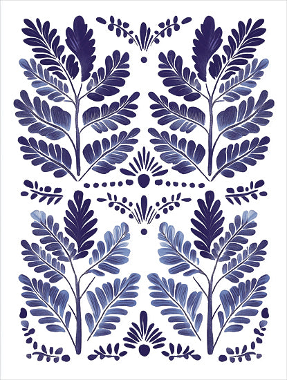 Heidi Kuntz HK574 - HK574 - Blue Motif III - 12x16 blue botanical pattern, stylized leaves, symmetrical leaf motif, folk art leaves, indigo foliage, hand-painted botanical design, decorative floral tile style, Scandinavian inspired pattern, modern folk illustration, repeating botanical composition, navy and periwinkle leaves, clean white background, ornamental wall art, surface pattern design, painterly texture from Penny Lane