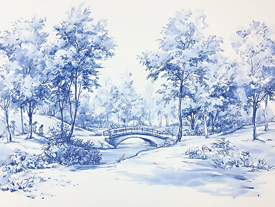 Heidi Kuntz HK578 - HK578 - Blue Toile Scene II - 16x12 blue monochrome watercolor landscape, small arched bridge over stream, tall trees, soft misty background, hand-drawn sketch lines, airy white space, tranquil park scene, minimal delicate foliage, tonal wash, serene countryside from Penny Lane