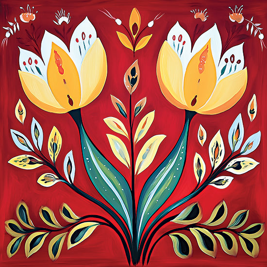 Heidi Kuntz HK582 - HK582 - Fire and Flora - 12x12 folk art floral on red background, symmetrical tulip flowers, stylized leaves and stems, decorative Scandinavian folk design, bold flat shapes, vibrant red yellow teal, hand-painted look, whimsical botanical motif from Penny Lane