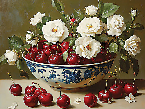 Heidi Kuntz HK594 - HK594 - Fresh Picks - 16x12 Still life, cherries in bowl, white roses, floral arrangement, vintage still life, food and drink art, elegant table scene, fruit and flowers from Penny Lane