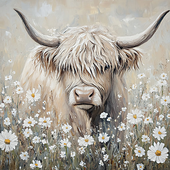 Heidi Kuntz HK605 - HK605 - Daisy - 12x12 highland cow with shaggy hair, long horns, white daisies, neutral meadow, rustic farm animal portrait, soft cream palette, textured painterly flowers, gentle bovine face, country wall art from Penny Lane