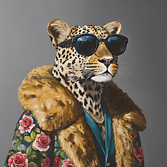 Heidi Kuntz HK611 - HK611 - Money Talks - 12x12 fashionable leopard portrait, sunglasses, faux fur coat, floral jacket, gold chains, teal vest, humorous animal fashion, stylish big cat, glam wildlife, whimsical dressed animal, gray background from Penny Lane