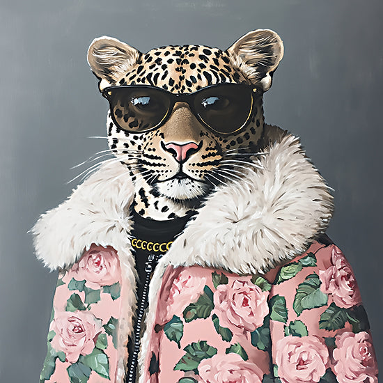 Heidi Kuntz HK613 - HK613 - Leopard Chic - 12x12 leopard in sunglasses and pink rose coat, white faux fur collar, gold necklace, fashionable animal portrait, whimsical wildlife, glam big cat, floral fashion jacket, humorous modern wall art from Penny Lane
