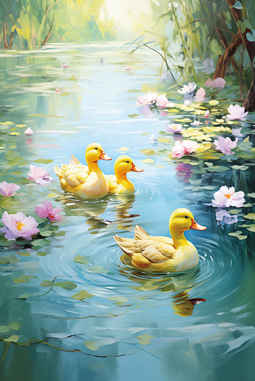 Heidi Kuntz HK631 - HK631 - Ripples of Joy - 12x18 three yellow ducks swimming, lily pads, pink water lilies, peaceful pond, bright sunlight, family of ducks, cheerful nature art, reflections on water from Penny Lane