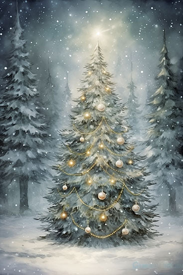 Heidi Kuntz HK653 - HK653 - Christmas Eve Glimmer - 12x18 holidays & seasonal, botanical, landscape, christmas, winter, trees, sky, country, snowy scene, pine, forest, ornaments, fairy lights, star, snow, painterly, whimsical, digital painting, blue from Penny Lane