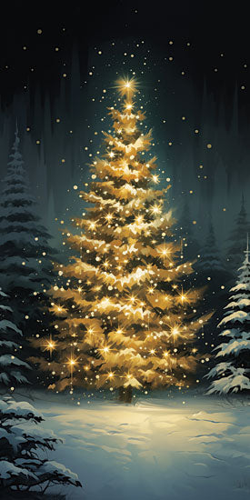 Heidi Kuntz HK654 - HK654 - Glimmering Christmas Tree - 9x18 holidays & seasonal, botanical, landscape, christmas, winter, trees, christmas tree, snow, star, lights, forest, night, sparkle, painterly, whimsical, digital painting, gold from Penny Lane