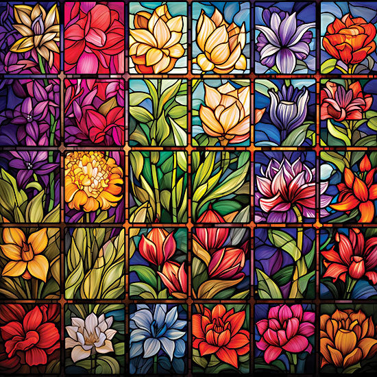 Heidi Kuntz HK659 - HK659 - Stained Glass Quilt - 12x12 Stained glass floral pattern, mosaic tiles, colorful flowers, botanical panels, geometric grid, vibrant petals, decorative window art, modern stained glass look, bright rainbow palette, symmetrical arrangement, pattern design, floral collage, bold outlines, contemporary decorative art from Penny Lane