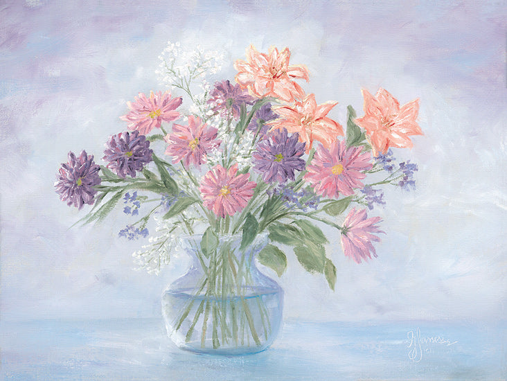 Georgia Janisse JAN366 - JAN366 - Visions of Spring - 16x12 bouquet of flowers in vase, pink and purple blossoms, light pastel background, soft brushstrokes, feminine decor, gentle floral still life, watercolor texture from Penny Lane