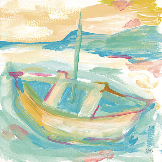 Jessica Mingo JM616 - JM616 - Sailing at Dawn - 12x12 abstract boat painting, bright pastel colors, turquoise and pink tones, impressionistic style, playful brush strokes, coastal inspiration, minimal composition from Penny Lane
