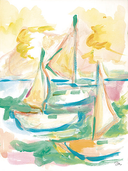 Jessica Mingo JM619 - JM619 - Three by Sea - 12x16 Abstract sailboat painting, loose watercolor, colorful brush strokes, sailing boat, marina scene, coastal nautical art, pastel greens and pinks, modern expressive style, minimal detail, light airy composition, contemporary abstract landscape, transportation, ocean vibe from Penny Lane