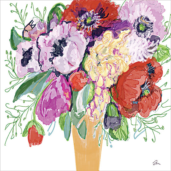 Jessica Mingo JM677 - JM677 - Poppy Bouquet - 12x12 mixed bouquet in tall vase, poppies anemones ranunculus, white background, linework with translucent layers, sketchy ink feel, lively brush marks, bright reds purples greens, cheerful modern florals from Penny Lane