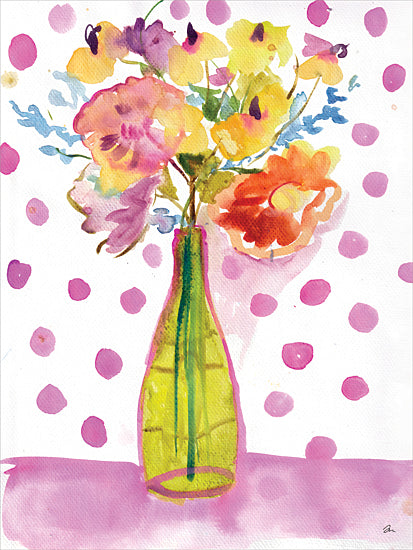 Jessica Mingo JM694 - JM694 - Polka Dot Blooms - 12x16 colorful flowers, floral bouquet, green bottle vase, purple polka dots, whimsical watercolor, bright spring colors, abstract floral, playful pattern background, modern decorative art from Penny Lane