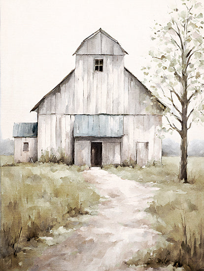 Jo Moulton JO109 - JO109 - White Barn   - 12x16 white barn, rural, country, tree, path, landscape, minimalist from Penny Lane