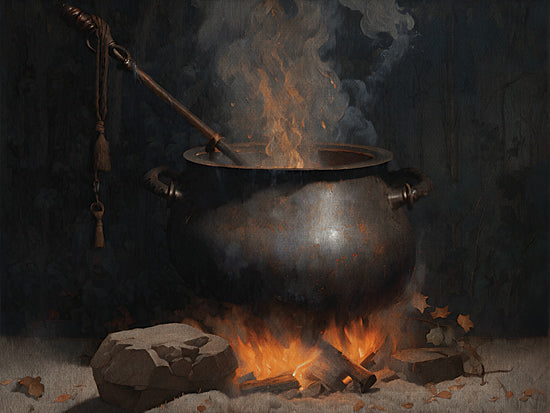 Jo Moulton JO126 - JO126 - The Black Cauldron - 16x12 cauldron over fire, bubbling potion, spooky halloween still life, smoke and flames, dark moody lighting, witchcraft, rustic campfire scene from Penny Lane