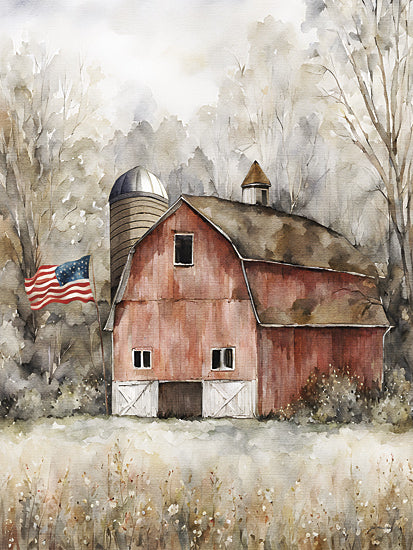 Jo Moulton JO141 - JO141 - Weathered Reds - 12x16 red barn painting, American flag, rural farm scene, patriotic farmhouse art, rustic country barn, weathered red barn, silo and trees, Americana decor, pastoral landscape, soft watercolor style, farmstead painting, vintage country feel from Penny Lane