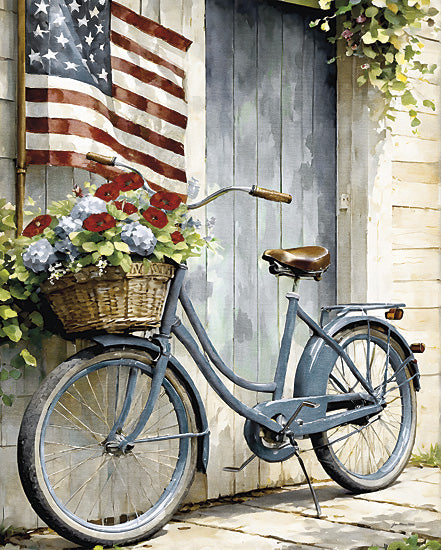 Jo Moulton JO142 - JO142 - Bicycle Blooms - 12x16 vintage bicycle, American flag, flower basket, rustic door, farmhouse decor, patriotic still life, countryside charm, hydrangeas, poppies, wicker basket, Americana style from Penny Lane