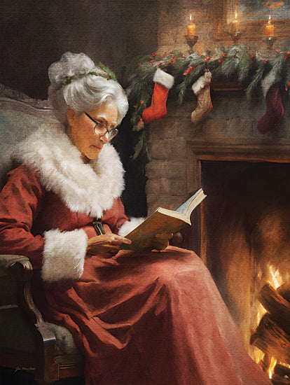 Jo Moulton JO185 - JO185 - Lost in a Christmas Story - 12x16 Christmas, Holidays, Mrs. Claus, Santa's Wife, Fireplace, Roaring Fire, Stockings, Greenery, Candles, Book, Christmas Story, Chair, Woman, Winter from Penny Lane